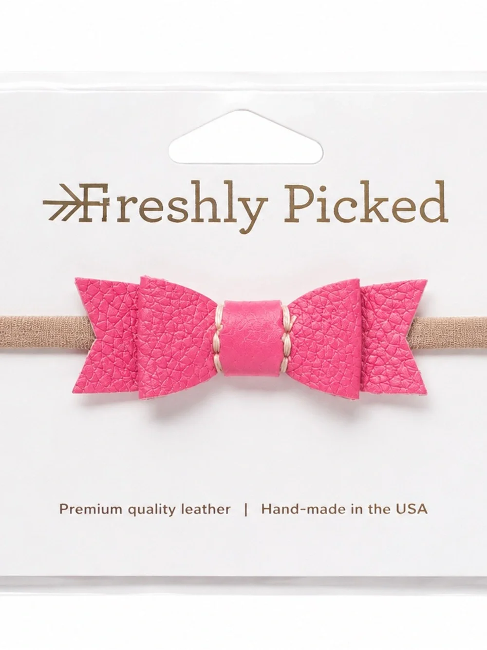 Freshly Picked Bright Pink Leather Bow Headband with Nude Elastic